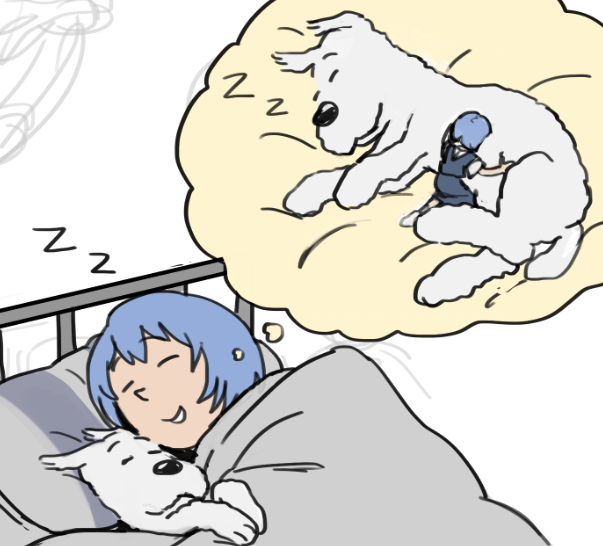 1girl ayanami_rei bed blue_hair closed_eyes crossover dog dreaming milou_(tintin) neon_genesis_evangelion nvi2762 school_uniform short_hair sleeping smile tintin tokyo-3_middle_school_uniform zzz