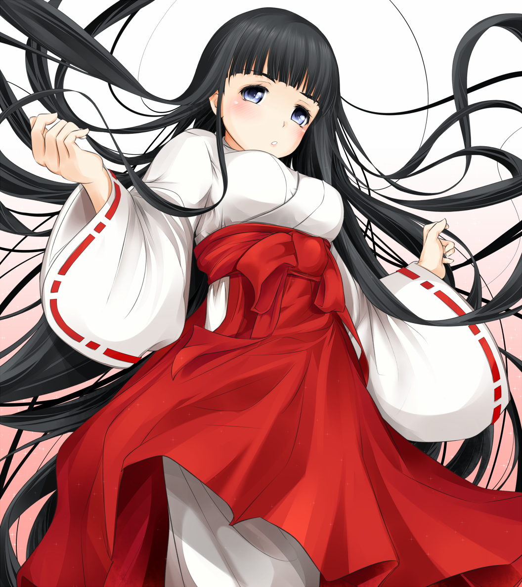 1girl black_hair blue_eyes blunt_bangs blush breasts check_commentary commentary commentary_request cowboy_shot from_below gradient_background hakama hakama_skirt hime_cut himegami_aisa japanese_clothes kosode large_breasts long_hair long_sleeves looking_at_viewer miko miko_day parted_lips partial_commentary pink_background red_hakama shin_(highest1192) sidelocks skirt solo toaru_majutsu_no_index toaru_majutsu_no_index:_old_testament very_long_hair white_background wide_sleeves