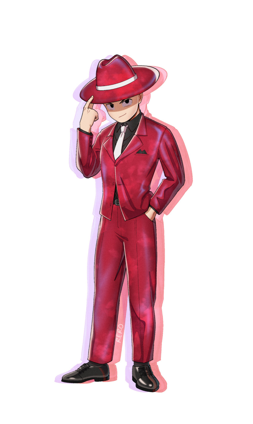 1boy black_eyes black_shirt black_shoes dragon_ball formal_clothes hand_in_pocket happy hat highres kuririn looking_at_viewer necktie red_hat red_suit shirt shoes smile smug solo suit white_background white_necktie