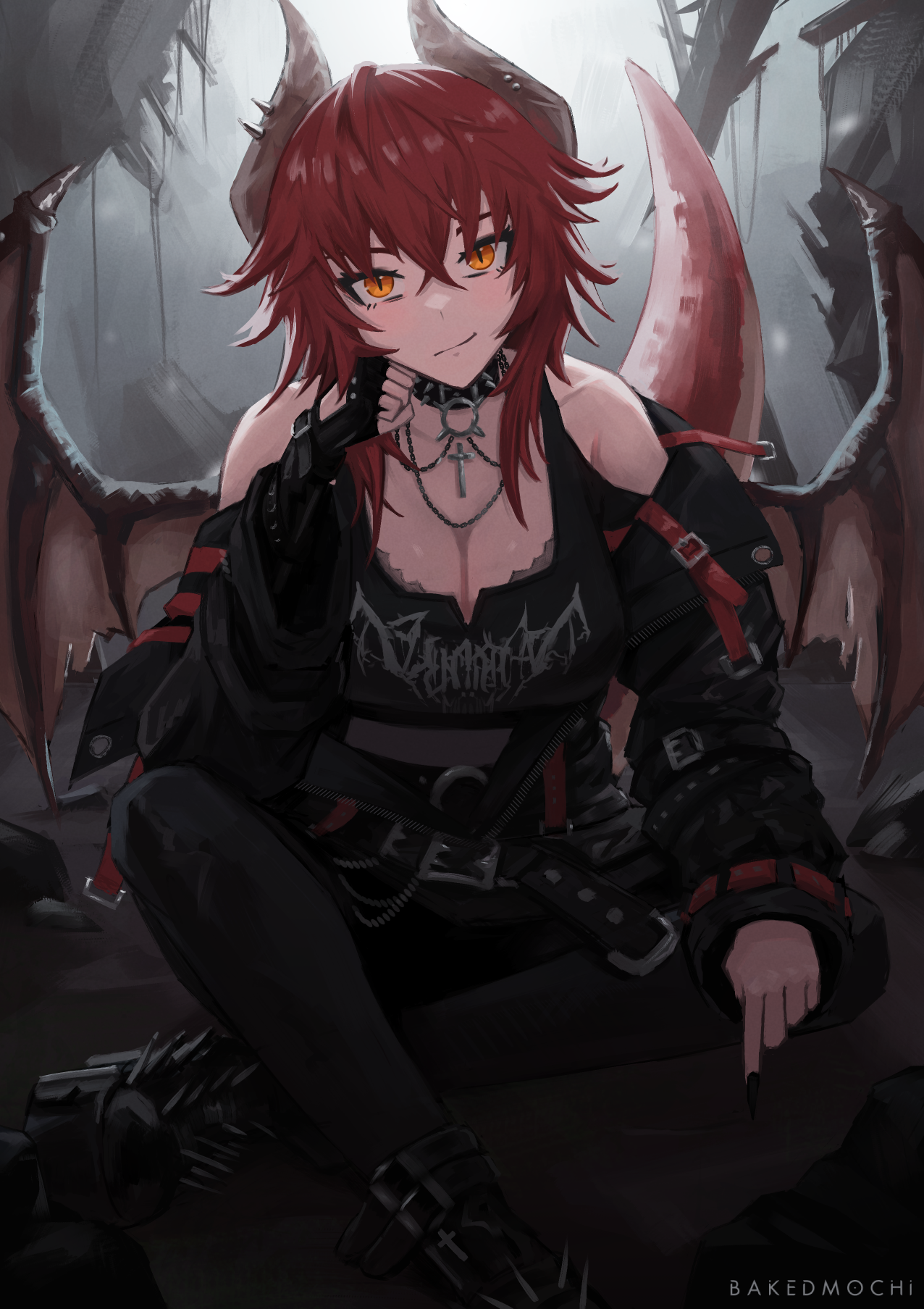 1girl bakedmochi black_collar black_gloves black_jacket black_nails black_pantyhose black_shirt black_shorts breasts cleavage collar dragon_girl dragon_tail dragon_wings fingerless_gloves gloves head_rest highres jacket large_breasts looking_at_viewer nail_polish pantyhose red_hair shirt short_hair shorts slit_pupils smile solo spiked_collar spikes tail virtual_youtuber vshojo wings yellow_eyes zentreya zentreya_(dragon) zentreya_(dragon)_(metalheads) zentreya_(dragon)_(metalheads)