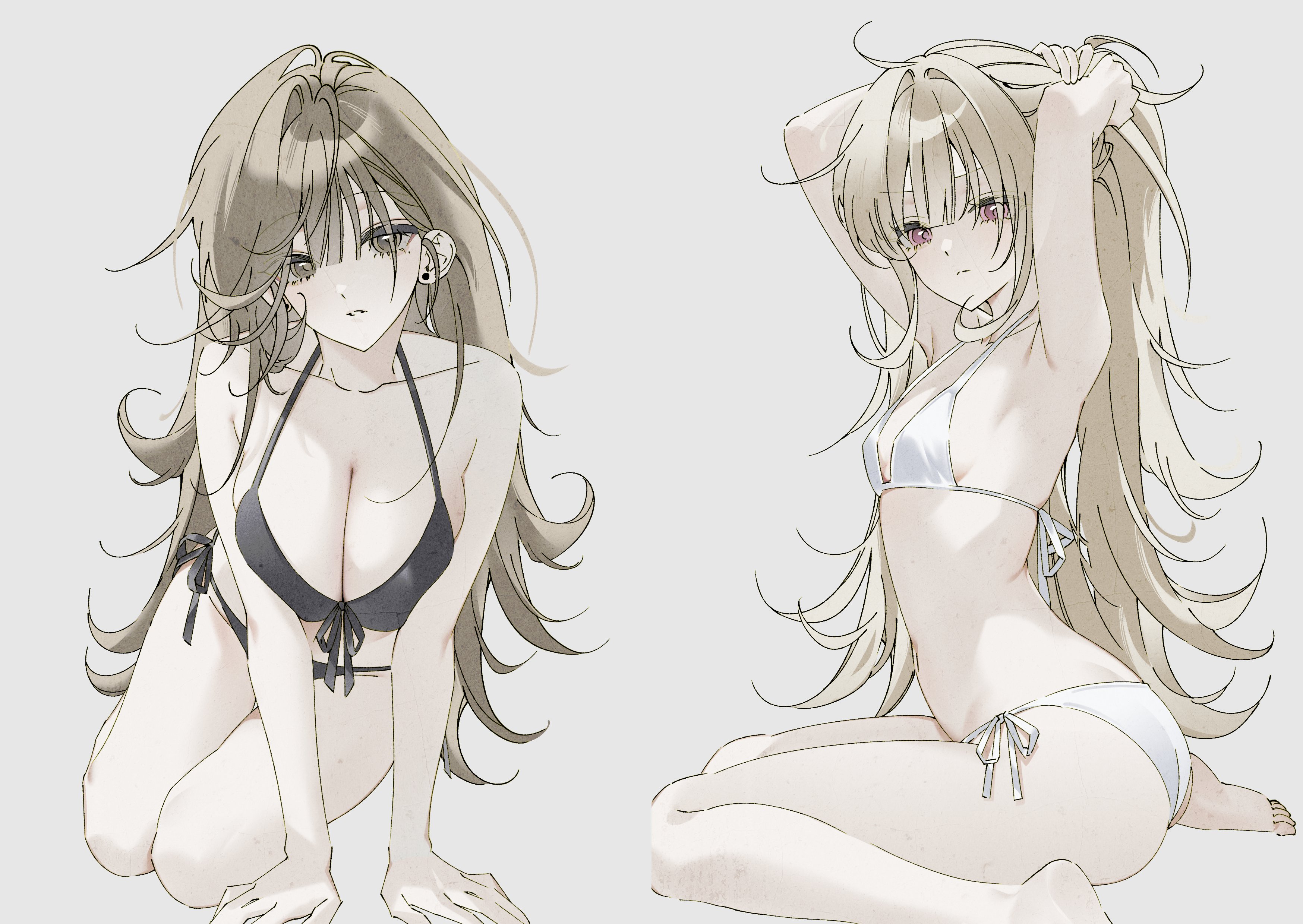 >:( 2girls absurdres arm_support armpits arms_up bare_arms bare_legs barefoot bikini black_bikini blonde_hair breasts brown_eyes brown_hair butt_crack check_copyright cleavage closed_mouth collarbone cool_off copyright_request earrings flipped_hair front-tie_bikini_top front-tie_top grey_background hair_intakes hands_on_floor high_ponytail highres jewelry large_breasts leaning_forward legs legs_together long_hair looking_at_viewer multiple_girls original parted_lips pink_eyes ponytail side-tie_bikini_bottom simple_background sitting small_breasts soles stud_earrings swimsuit thighs toes turning_head tying_hair v-shaped_eyebrows wariza white_bikini