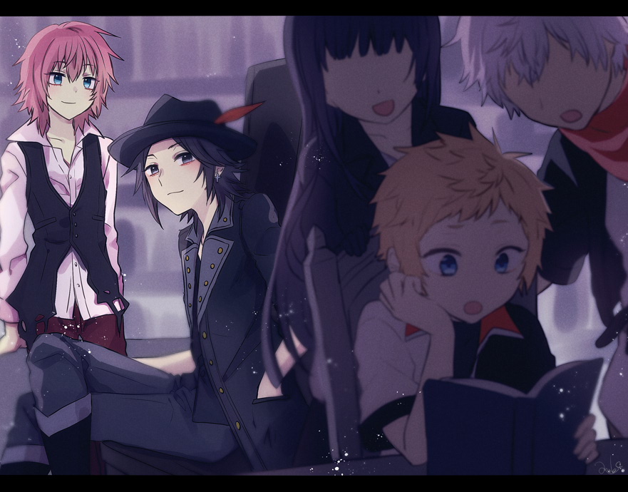 1girl 4boys anoko_(darenokoanoko) black_eyes black_hair black_jacket black_pants black_vest blonde_hair blue_eyes book brain_(kingdom_hearts) collared_shirt commentary_request crossed_legs ephemer_(kingdom_hearts) grey_hair hat hat_feather head_rest holding holding_book jacket kingdom_hearts kingdom_hearts_x lauriam long_hair looking_at_another multiple_boys open_book open_clothes open_jacket open_magazine pants pink_hair red_pants red_scarf scarf shirt short_hair sitting skuld_(kingdom_hearts) smile ventus_(kingdom_hearts) vest white_shirt
