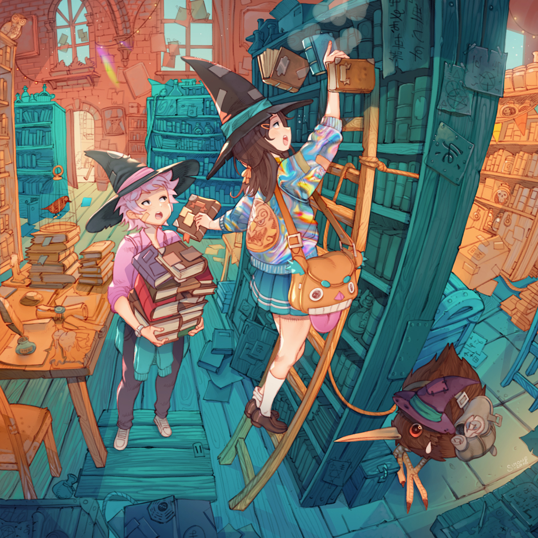 2girls animal animal_in_clothes aqua_ribbon aqua_skirt artist_name bag bandaid bandaid_on_cheek bandaid_on_face bird birdcage black_hair black_hat black_pants black_shoes blue_sky book book_stack bookmark bookshelf box brown_bag cage candle clothes_around_waist commentary dated day english_commentary falling_books giving hair_ornament hairclip hat hat_ribbon holding holding_book indoors inkwell kiwi_(bird) library looking_at_another looking_up medium_hair messenger_bag multicolored_sweater multiple_girls on_ladder open_mouth original owl pants parchment pink_hair pink_ribbon pink_shirt purple_hat quill red_eyes ribbon rope runes scroll shirt shoes short_hair shoulder_bag simz skirt sky socks stone_floor stone_wall sunlight sweatdrop sweater sweater_around_waist table teeth too_many too_many_books trap_door treasure_chest upper_teeth_only white_shoes white_socks window witch witch_hat wooden_chair wooden_floor wooden_ladder wooden_table