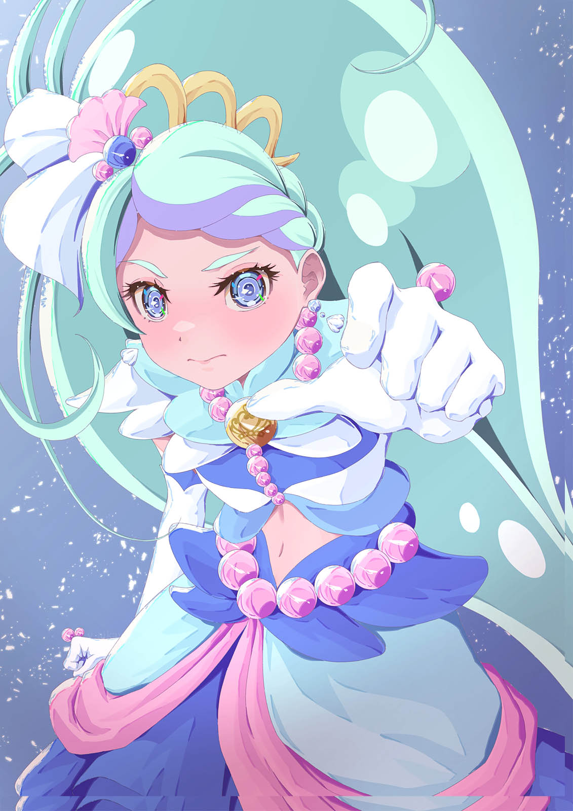 1girl aikawa_yousuke aqua_hair blue_eyes blush braid brooch closed_mouth cropped_shirt cure_mermaid earrings elbow_gloves gloves go!_princess_precure hair_ornament highres jewelry kaidou_minami long_hair magical_girl midriff multicolored_hair navel ocean precure shell shell_earrings single_braid solo two-tone_hair two-tone_shirt two-tone_skirt very_long_hair white_gloves