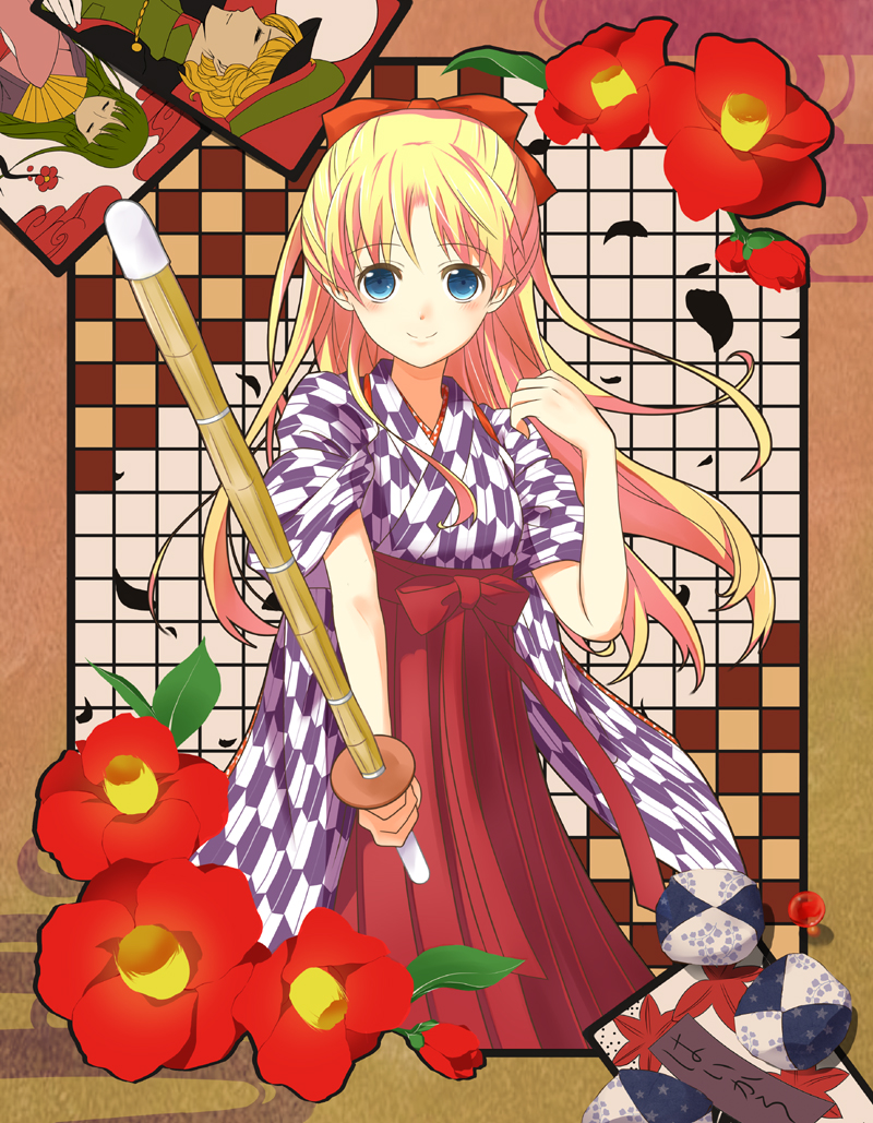 1girl ahase_hino bean_bag blonde_hair blue_eyes bow camellia crossdressing crossdressing_(ftm) female_focus flower haikara-san_ga_tooru hair_bow hakama hakama_skirt half_updo hanafuda hanamura_benio japanese_clothes long_hair looking_at_viewer marble_(toy) meiji_schoolgirl_uniform red_bow red_hakama shinai skirt smile solo sword taishou_era tasuki weapon yagasuri