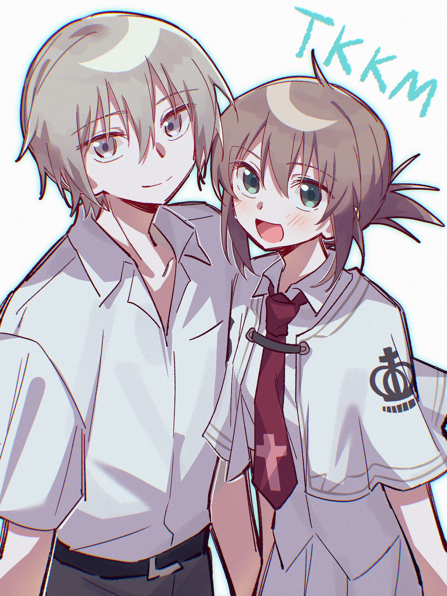 1boy 1girl ahoge belt black_belt brown_hair capelet closed_mouth cross cross_print crown_print green_eyes grey_eyes grey_hair grey_pants hair_between_eyes highres mamiya_takuji necktie open_mouth pants red_necktie school_uniform shirt short_hair short_sleeves sidelocks simple_background skirt smile subarashiki_hibi szhr_chise tachibana_kimika white_background white_capelet white_shirt white_skirt