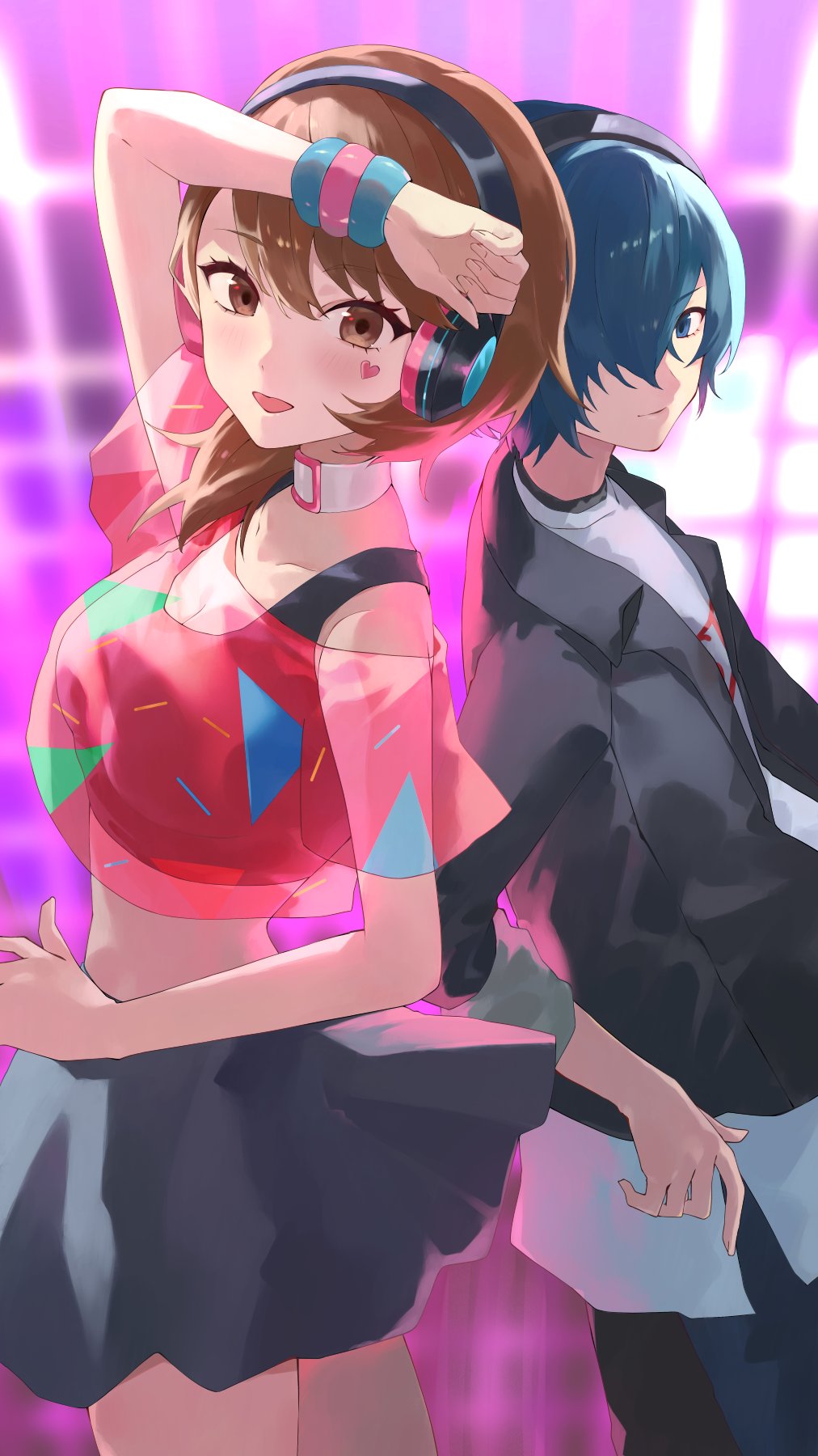 1boy 1girl arm_up bare_shoulders black_jacket black_skirt black_sports_bra black_tank_top blue_eyes blue_hair blurry blurry_background blush bracelet breasts brown_eyes brown_hair choker cleavage closed_mouth collarbone commentary cowboy_shot crop_top cropped_shirt dancing english_commentary facial_mark from_side hair_over_one_eye headphones heart heart_facial_mark highres jacket jewelry konchi_(63438789) looking_at_viewer medium_breasts medium_hair midriff miniskirt official_alternate_costume open_clothes open_jacket open_mouth persona persona_3 persona_3:_dancing_moon_night persona_dancing pink_shirt pleated_skirt see-through_clothes see-through_shirt shirt short_hair skirt smile sports_bra stage_lights takeba_yukari tank_top white_choker white_shirt yuuki_makoto_(persona_3)