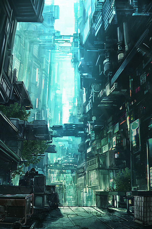absurdly_detailed_composition alley building city cityscape complex_exterior crate day generator no_humans original outdoors power_lines reason_(mark-of-the-unicorn) scenery sky tile_floor tiles tree