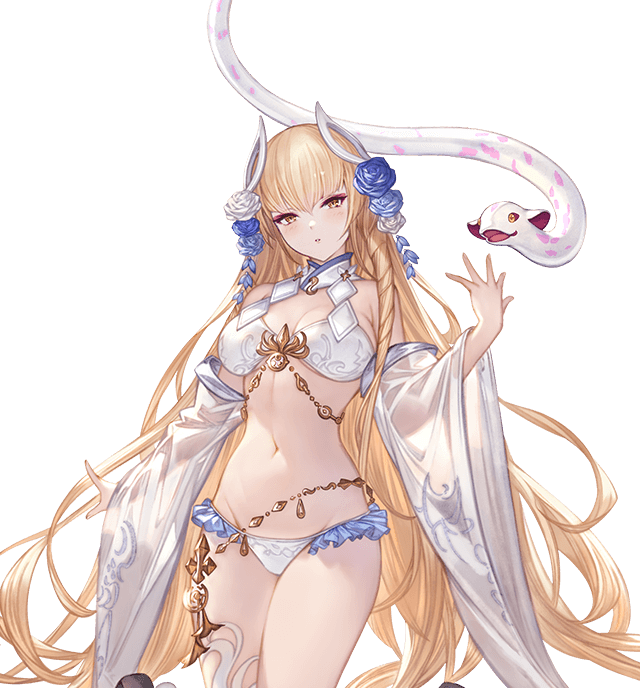 1girl 1other arm_up belly_chain bikini blonde_hair body_jewelry chain collared_bikini cowboy_shot detached_sleeves drill_hair drill_sidelocks expressionless eyeliner flower frilled_bikini frills gold_chain granblue_fantasy hair_between_eyes hair_flower hair_ornament indala_(granblue_fantasy) jewelry long_hair long_sleeves looking_at_viewer makeup minaba_hideo navel official_alternate_costume official_art orange_eyes parted_lips pink_eyeliner purple_flower purple_rose rose see-through_clothes see-through_sleeves sidelocks snake solo swimsuit tachi-e third-party_source v-bangs very_long_hair white_bikini white_flower white_rose white_sleeves