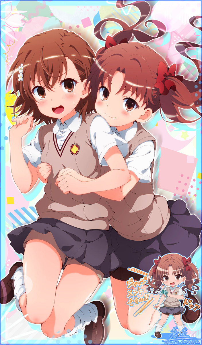 2girls blue_skirt blush breasts brown_eyes brown_hair brown_shoes brown_sweater_vest chibi chibi_inset closed_mouth commentary_request grabbing_another&#039;s_breast groping hair_ribbon highres hug hug_from_behind loafers looking_at_viewer miniskirt misaka_mikoto multiple_girls open_mouth red_hair red_ribbon ribbon school_uniform shirai_kuroko shirt shoes shorts shorts_under_skirt skirt small_breasts smile socks soutou summer_uniform sweater_vest toaru_kagaku_no_railgun toaru_majutsu_no_index tokiwadai_school_uniform twintails v-neck white_shirt white_socks
