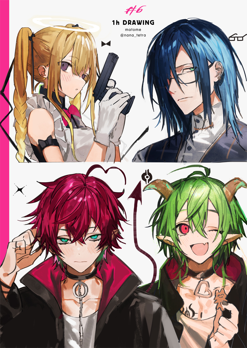1girl 3boys ahoge apron aqua_eyes arm_bow black_bow black_collar black_jacket black_nails black_ribbon black_shirt blonde_hair blue_hair blue_vest blush border bow bowtie bracelet braided_twintails breasts brown_shirt chain chain_leash chest_tattoo closed_mouth collar collarbone commentary_request demon_boy demon_tail english_text fang flying_nimbus frilled_apron frills glasses gloves green_eyes green_hair gun hair_between_eyes hair_over_one_eye hair_ribbon hand_on_own_head holding holding_gun holding_weapon horns jacket jewelry leash long_hair looking_at_viewer medium_breasts medium_hair multiple_boys nana_tetra one_eye_closed open_clothes open_jacket open_mouth original pink_border pink_bow pink_bowtie pink_eyes pointy_ears purple_eyes red_hair ribbon ring shirt sidelocks simple_background skin_fang sparkle tail tattoo twitter_username vest weapon white_apron white_background white_gloves white_shirt