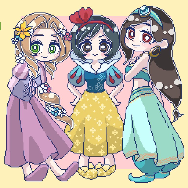 3girls aerith_gainsborough aqua_gemstone aqua_hairband aqua_pants aqua_shoes arms_behind_back baggy_pants bare_shoulders bbbboour black_hair blue_flower blue_shirt border braid breasts brown_eyes brown_hair closed_mouth commentary_request cosplay crop_top disney dress earrings final_fantasy final_fantasy_vii flower full_body gem gold_necklace green_eyes hair_flower hair_ornament hairband hand_on_own_chest hands_on_own_hips harem_outfit hoop_earrings jasmine_(disney) jasmine_(disney)_(cosplay) jewelry light_blush lily_(flower) long_hair looking_at_viewer low-tied_long_hair medium_breasts midriff multiple_girls necklace pants parted_bangs pink_background pink_dress pink_flower pink_shoes pixel_art popped_collar puffy_short_sleeves puffy_sleeves rapunzel_(disney) rapunzel_(disney)_(cosplay) red_eyes red_hairband shirt shoes short_hair short_sleeves sidelocks single_braid skirt smile snow_white_(disney) snow_white_(disney)_(cosplay) tifa_lockhart white_flower yellow_border yellow_flower yellow_shoes yellow_skirt yuffie_kisaragi