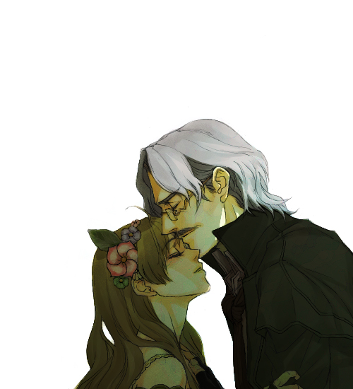 1boy 1girl atelier_(series) atelier_ayesha ayesha_altugle black_jacket brown_hair closed_eyes commentary_request face-to-face facial_hair flower from_side grey_hair hair_flower hair_ornament hetero high_collar jacket keithgriff_hazeldine kuroo_(k_r_oo) long_hair mustache short_hair simple_background smile upper_body white_background