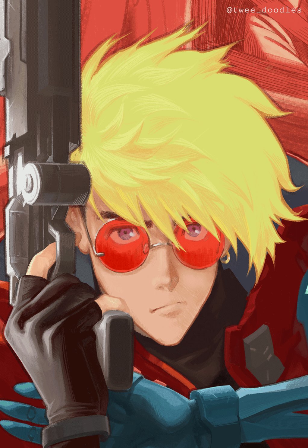 1boy agl_arms_.45_long_colt black_gloves blonde_hair break-action_revolver closed_mouth earrings fingerless_gloves gloves grey_eyes gun handgun highres holding holding_gun holding_weapon jewelry looking_at_viewer low_bore_axis_revolver male_focus red-tinted_eyewear revolver short_hair single_earring solo tinted_eyewear trigun trigun_stampede tweedledraws twitter_username undercut vash_the_stampede weapon