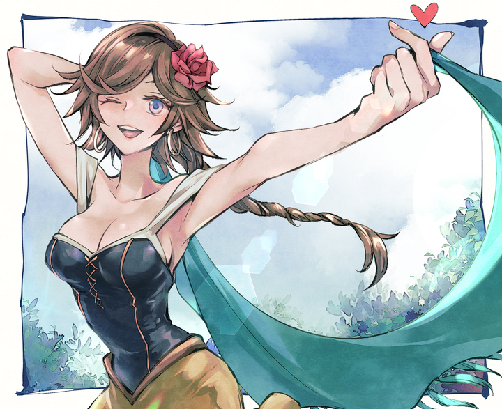 1girl agnea_bristarni armpits blue_eyes blue_sky border braid braided_ponytail breasts cloud collarbone commentary_request flower grel_(r6hgvu5) hair_flower hair_ornament heart large_breasts long_hair octopath_traveler octopath_traveler_ii one_eye_closed open_mouth outdoors outside_border red_flower red_rose rose sky smile solo standing white_border