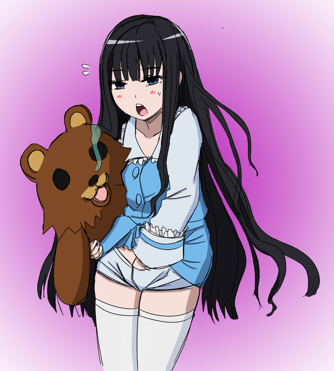 1girl black_eyes black_hair blue_eyes clothed_masturbation female_focus female_masturbation flat_chest giving_up_the_ghost gradient_background hand_under_clothes hand_under_shorts highres kami-sama_no_memo-chou kekekeke kuma_(2ch) long_hair masturbation open_mouth pedobear pink_background shionji_yuuko short_shorts shorts simple_background solo thighhighs very_long_hair white_thighhighs zettai_ryouiki