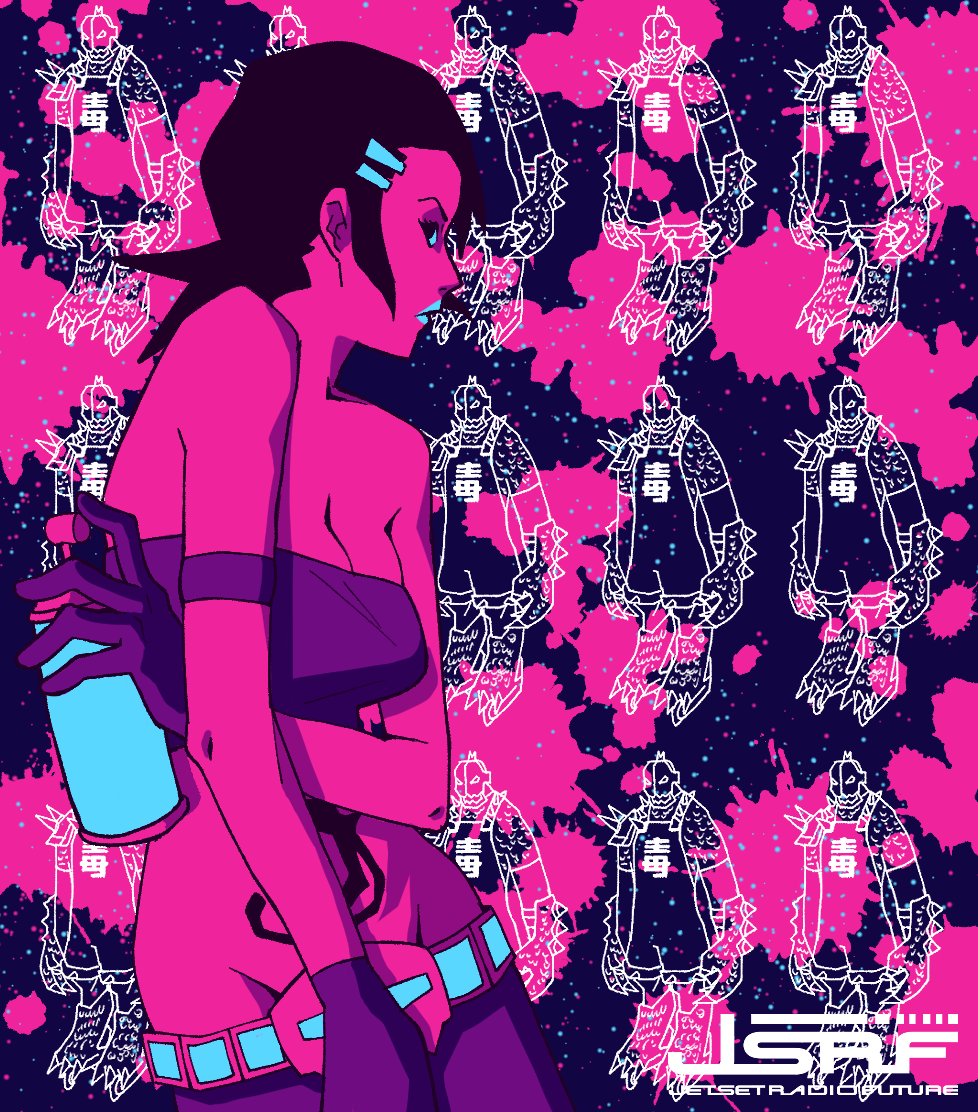 1girl abstract_background chest_tattoo copyright_name crop_top cube_(jsr) holding_spray_can jet_set_radio kawoshiki long_hair navel paint_splatter shadow solo tattoo