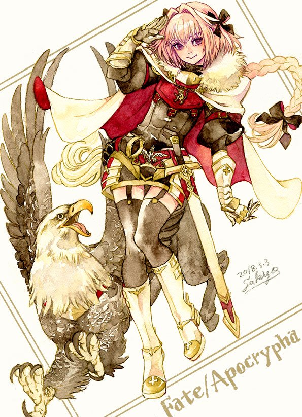 1boy alternate_size animal armored_skirt artist_name astolfo_(fate) beak bird_wings black_bow black_garter_straps black_sweater black_thighhighs boots bow braid cape closed_mouth copyright_name creature dated eyelashes fang fate/apocrypha fate_(series) full_body fur-trimmed_cape fur_trim garter_straps gauntlets gorget hair_bow hair_intakes hippogriff_(fate) hooves horn_(instrument) leg_up light_blush long_hair male_focus multicolored_hair pink_hair purple_eyes riding_boots sakizou scabbard sheath sheathed signature single_braid skin_fang smile solo spurs streaked_hair sweater sword talons thighhighs trap two-sided_cape two-sided_fabric two-tone_hair weapon white_boots white_cape white_hair wings zettai_ryouiki