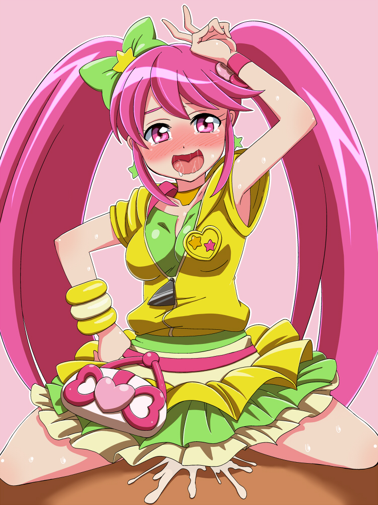 10s 1girl aino_megumi armpits blush breasts clothed_sex cum cum_in_pussy cure_lovely cure_lovely_(lollipop_hip_hop) girl_on_top hand_on_own_hip happinesscharge_precure! konboi-eg long_hair looking_at_viewer open_mouth pink_eyes pink_hair precure saliva sex spread_legs sweat tears twintails v