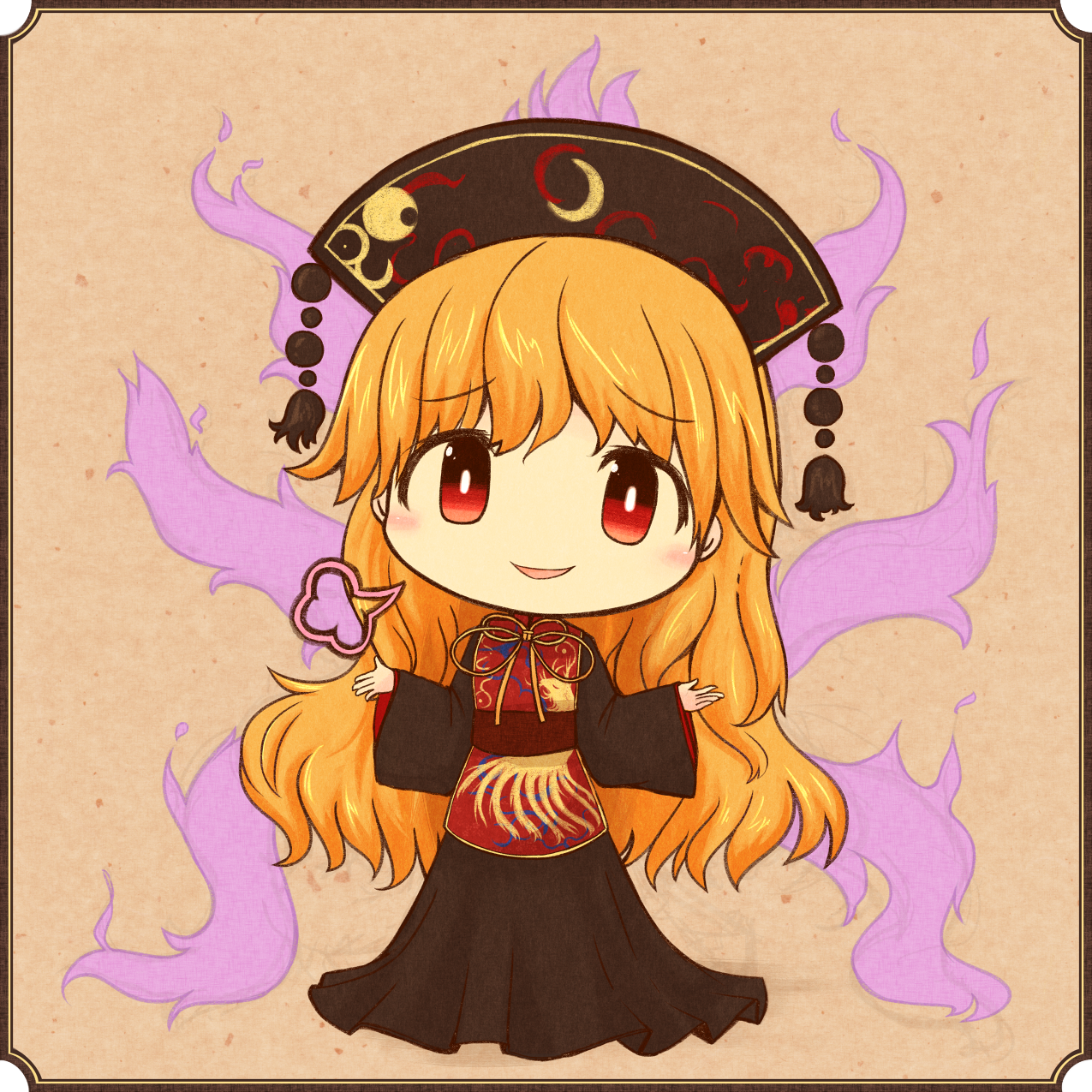 1girl akihiyo animal_print black_dress blonde_hair blush brown_background brown_theme chibi chinese_clothes dress energy female_focus fox_tail framed hands_up hat head_tilt highres junko_(touhou) long_hair long_sleeves looking_at_viewer multiple_tails obi open_hands puff_of_air red_eyes ribbon sash simple_background smile solo tabard tail touhou very_long_hair