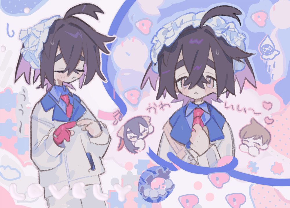 1girl 2boys :&lt; black_hair blue_shirt blush carmine_(pokemon) castform castform_(rainy) clamperl closed_eyes closed_mouth collared_shirt crossed_bangs florian_(pokemon) gen_3_pokemon hair_between_eyes hairband index_fingers_together jacket kieran_(pokemon) lolita_hairband long_sleeves luvdisc male_focus multicolored_hair multiple_boys multiple_views musical_note necktie nintendo omochimonyu pokemon pokemon_(creature) pokemon_sv purple_hair red_necktie shirt shorts spoken_musical_note sweat white_jacket white_shorts