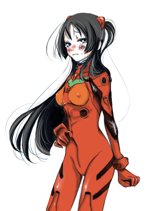 1girl akiyama_mio black_hair bracer breasts breasts_apart character_request cosplay covered_erect_nipples cowboy_shot embarrassed female_focus from_side frown glico_(artist) half-closed_eyes hand_on_own_hip k-on! long_hair mecha_pilot_suit neon_genesis_evangelion plugsuit_(cosplay) plugsuit_(evangelion) raised_eyebrows simple_background small_breasts solo souryuu_asuka_langley souryuu_asuka_langley_(cosplay) standing tears twintails two_side_up very_long_hair white_background