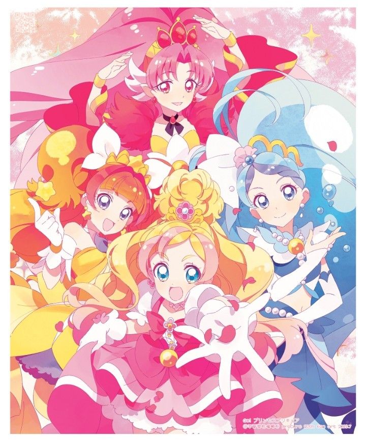 2022 4girls akagi_towa amanogawa_kirara antenna_hair arms_up artist_name artist_request bare_shoulders big_hair black_ribbon blonde_hair blue_eyes blue_hair blue_shirt blue_skirt blunt_bangs border bow bowtie braid bridal_gauntlets brooch brown_hair bubble buttons choker closed_mouth collar collarbone collared_shirt colored_tips copyright_name cowboy_shot crop_top cure_flora cure_mermaid cure_scarlet cure_twinkle detached_collar detached_sleeves dot_nose dress earrings eyelashes flower flower_brooch flower_choker flower_earrings frilled_gloves frills gloves go!_princess_precure gold_tiara gradient_hair hair_bobbles hair_bun hair_ornament hair_ribbon happy haruno_haruka hat_ornament holding holding_petal hydrokinesis jewelry kaidou_minami leaning_forward long_hair low_twintails magical_girl midriff miniskirt multicolored_hair multiple_girls navel neck_ribbon necklace open_mouth outstretched_hand parted_bangs pearl_necklace petals petticoat pink_background pink_bow pink_bowtie pink_dress pink_hair pleated_skirt pleated_sleeves pointy_ears precure puffy_short_sleeves puffy_sleeves purple_bow purple_bowtie purple_eyes purple_hair red_dress red_eyes red_hair ribbon shell_hair_ornament shirt short_dress short_sleeves single_braid single_hair_bun skirt skirt_hold sleeveless sleeveless_shirt smile source_request sparkle sphere_earrings square_neckline star_(symbol) star_hat_ornament strapless strapless_dress streaked_hair tareme third-party_source tiara train_(clothing) twintails two-tone_hair two_side_up very_long_hair waist_bow water white_border white_bridal_gauntlets white_collar white_flower white_gloves white_ribbon white_sleeves wide_sleeves wing_hair_ornament wrist_flower yellow_dress