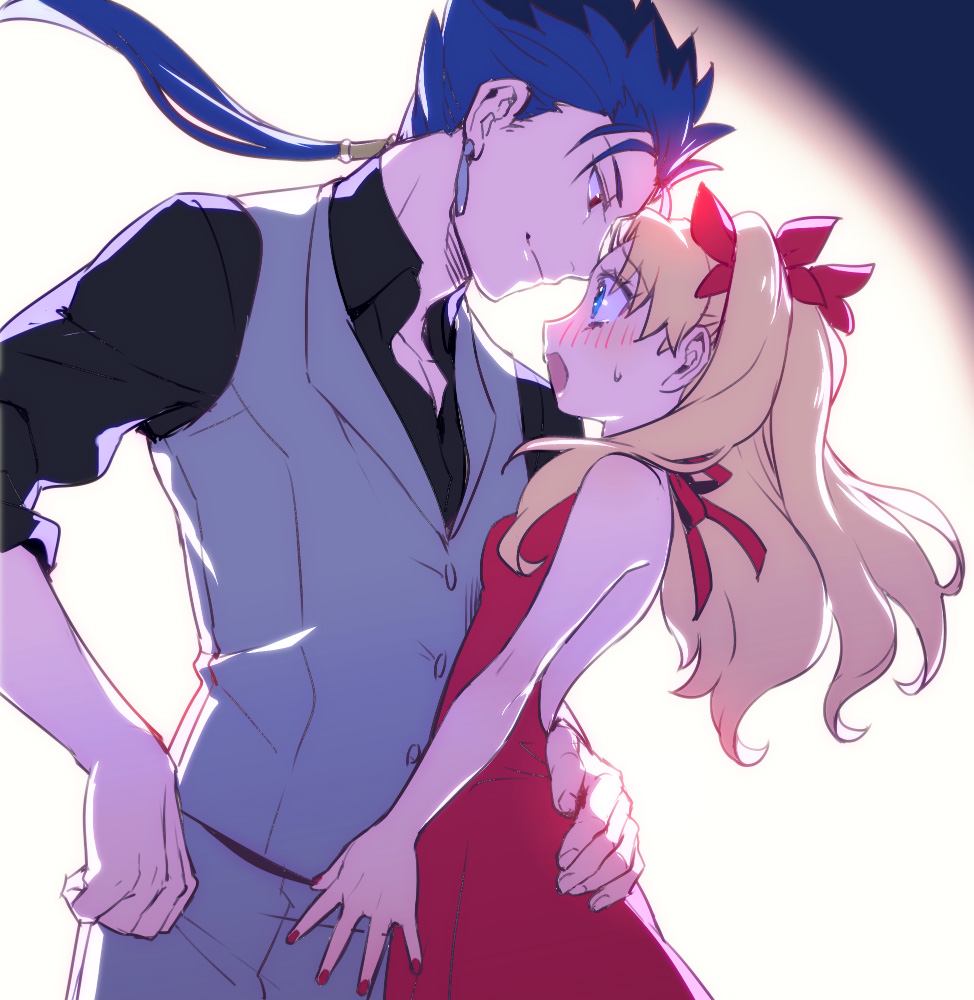 1boy 1girl black_shirt blonde_hair blue_eyes blue_hair blush cu_chulainn_(fate) cu_chulainn_(fate/stay_night) dress earrings ereshkigal_(fate) fate/grand_order fate_(series) hair_ribbon hairband jewelry long_hair looking_at_another nail_polish open_mouth ponytail red_dress red_eyes ribbon shirt short_hair simple_background sleeveless sleeveless_shirt smile tetsukuzu_tetsuko tohsaka_rin_(fate/extra) tohsaka_rin_(true_appearance)_(fate/extra) twintails upper_body white_background