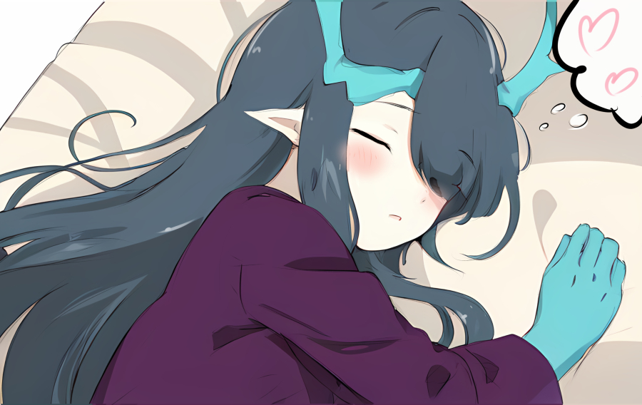 1girl alternate_costume aqua_horns arknights black_hair blush closed_eyes colored_extremities commentary dragon_girl dragon_horns dusk_(arknights) heart horns long_hair long_sleeves lying on_side parted_lips purple_sweater raifu_(rf) sleeping solo speech_bubble sweater thought_bubble upper_body