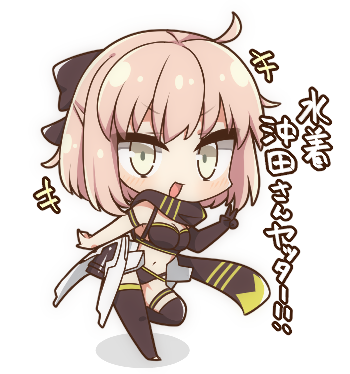 1girl ahoge black_gloves black_panties black_ribbon black_scarf blonde_hair breasts chibi chibi_only cleavage elbow_gloves fate/grand_order fate_(series) full_body gloves hair_ribbon mochimochi_kinako. navel okita_j._souji_(fate) okita_souji_(fate) okita_souji_(koha-ace) open_mouth panties ribbon scarf shadow short_hair simple_background single_elbow_glove smile solo underwear white_background yellow_eyes