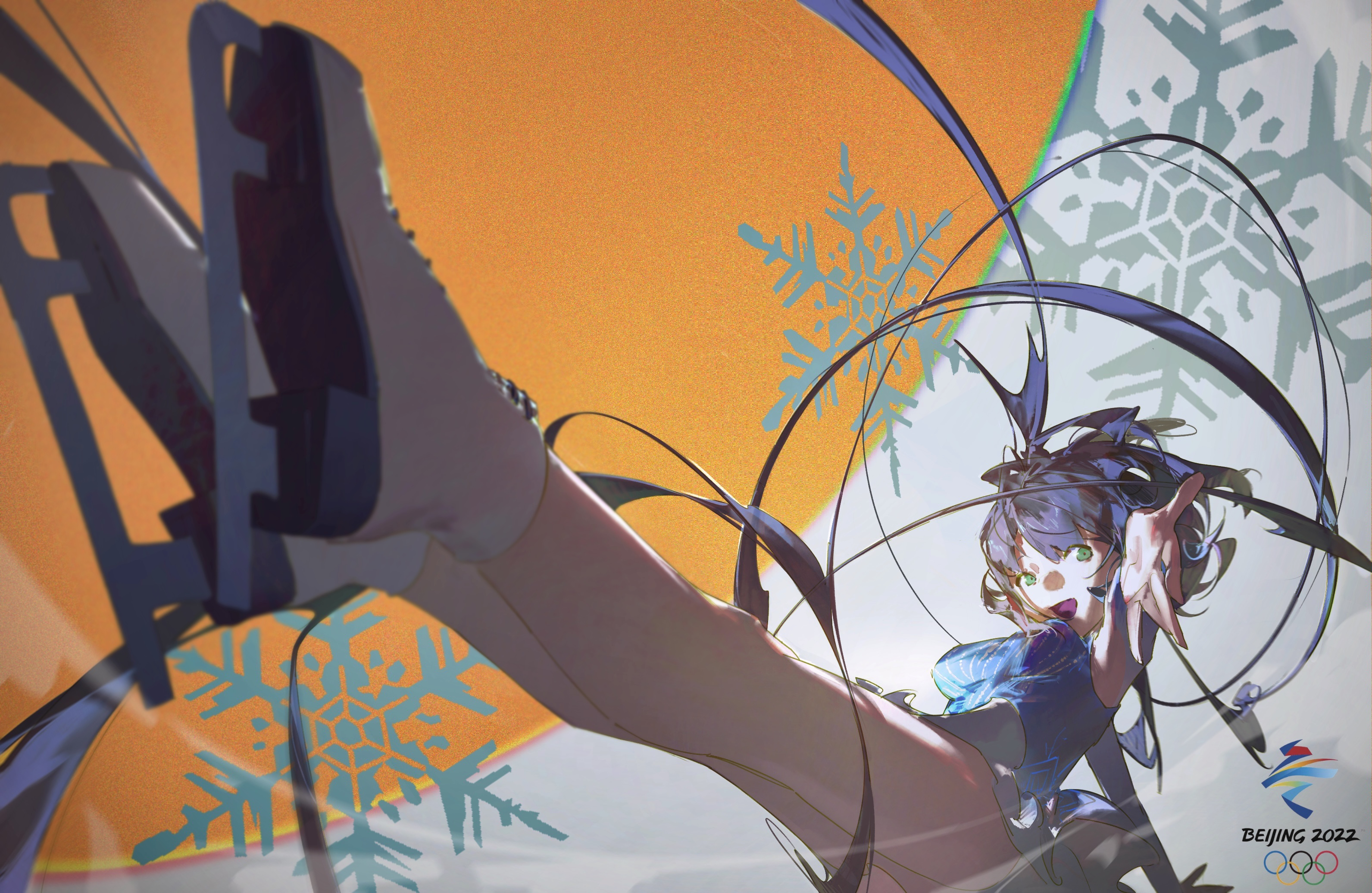 1girl 2022 commentary english_commentary green_eyes highres ice_skates long_hair luo_tianyi mumu53 olympic_rings open_mouth skates snowflakes solo very_long_hair vocaloid vsinger_(vocaloid)