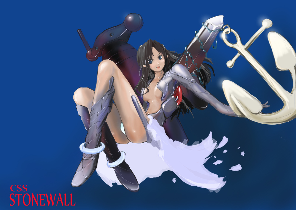 1girl anchor anklet azuma-kan_(css_stonewall) black_hair blue_background blue_eyes character_name confederate_states_of_america female_focus ironclad jewelry long_hair mecha_musume military nano_(nanosize) open_mouth original personification pointy_ears simple_background solo teeth warship