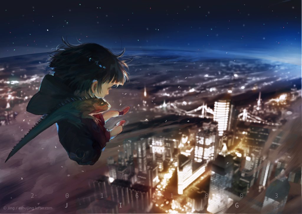 1girl animal animal_on_shoulder ankle_socks artist_name ashuijing black_hair black_hood black_jacket black_shirt black_sleeves black_socks blunt_bangs blunt_ends city cloud commentary dated eyelashes flying full_body hood hood_down hooded_jacket iguana jacket lofter_username long_sleeves looking_afar night night_sky open_clothes open_jacket original outdoors red_shoes red_shorts shirt shoes short_hair shorts sky sleeves_past_fingers sleeves_past_wrists socks solo star_(sky) starry_sky symbol-only_commentary