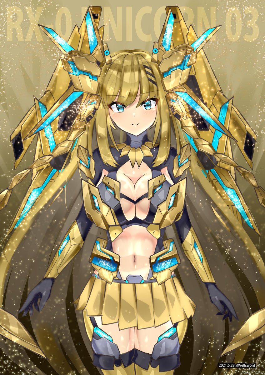 1girl black_gloves blonde_hair blue_eyes breasts character_name cleavage dated gloves gundam gundam_narrative highres i.takashi large_breasts long_hair looking_at_viewer mecha_musume navel open_hands personification skirt smile solo twitter_username unicorn_gundam_phenex very_long_hair yellow_skirt