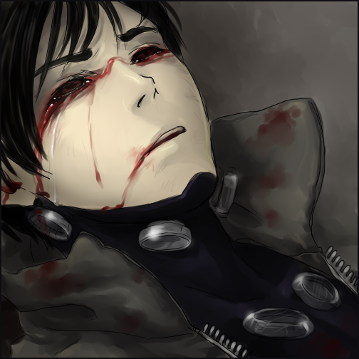 00s 1boy black_hair blood blood_on_face bloody_tears death denoro gantz gantz_suit injury jacket male_focus nishi_jouichirou no_eyes solo spoilers teardrop tears