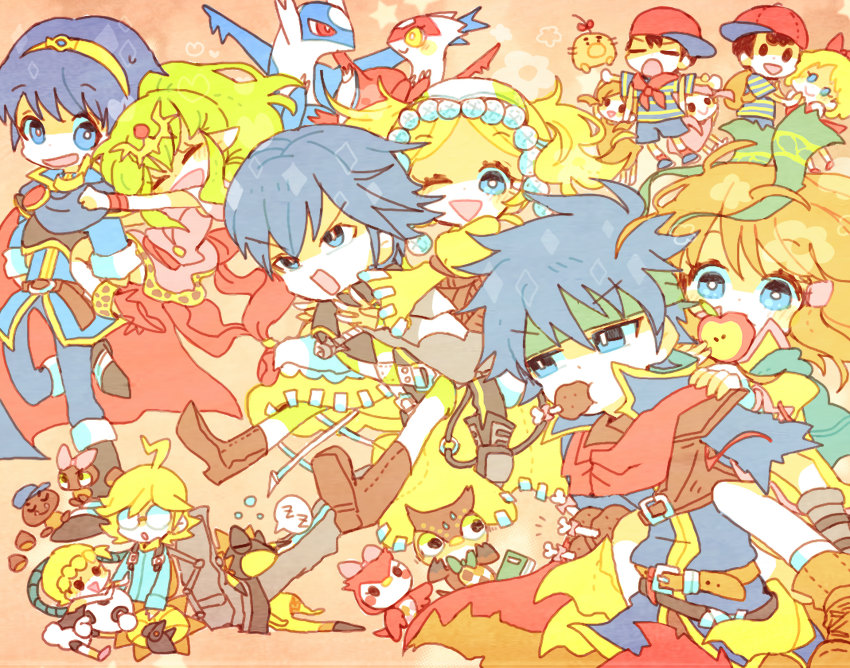ahoge bad_id bad_pixiv_id black_hair blonde_hair blue_eyes blue_hair blush brother_and_sister brown_hair cape carrying chrom_(fire_emblem) closed_eyes dress fire_emblem fire_emblem:_mystery_of_the_emblem fire_emblem:_path_of_radiance fire_emblem:_radiant_dawn fire_emblem_awakening food gloves green_eyes green_hair hair_ornament hair_tubes hat ike_(fire_emblem) jewelry kappaman lissa_(fire_emblem) long_hair mario_(series) marth_(fire_emblem) mist_(fire_emblem) mother_(series) mother_2 multiple_boys multiple_girls ness_(mother_2) nintendo open_mouth paper_mario paper_mario_64 paula_(mother_2) piggyback pointy_ears pokemon pokemon_(anime) pokemon_(creature) ponytail ribbon scarf short_hair short_twintails siblings skirt smile speech_bubble spoken_zzz super_smash_bros. tiara tiki_(fire_emblem) twintails zzz