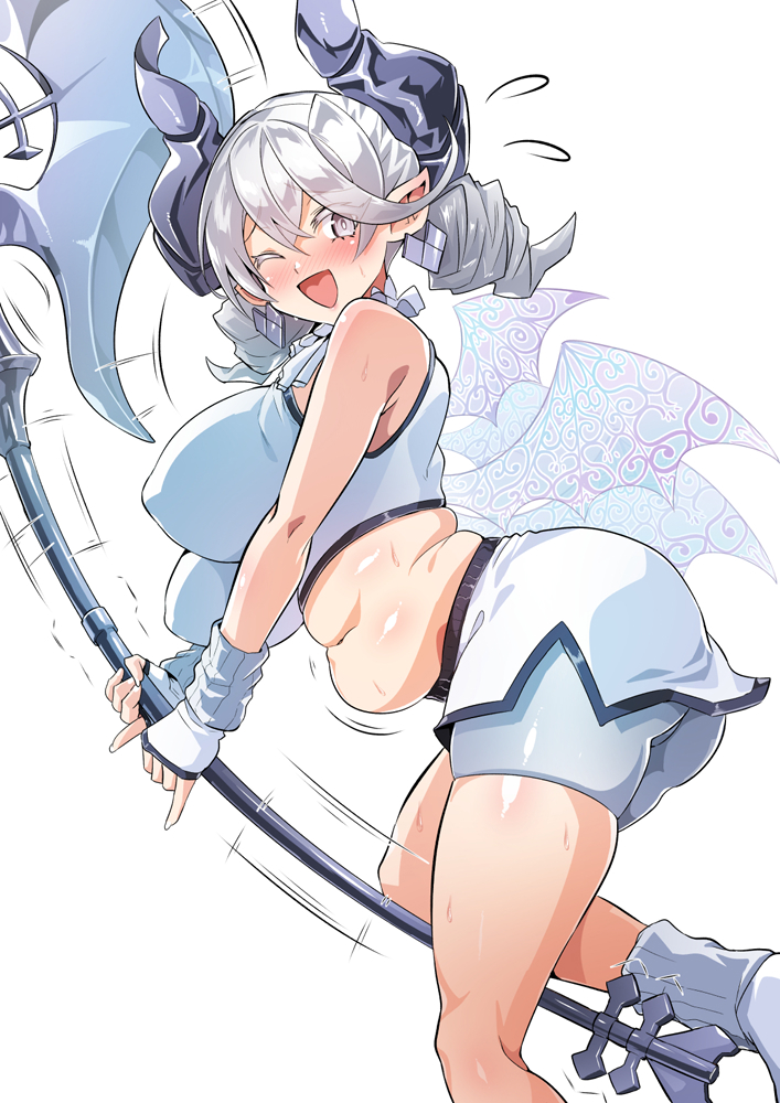1girl ass axe bare_shoulders battle_axe blush breasts dragon_wings duel_monster edobox gloves grey_eyes grey_hair horns jewelry large_breasts lovely_labrynth_of_the_silver_castle medium_hair navel one_eye_closed open_mouth plump pointy_ears shorts smile solo sports_bra thighs twintails weapon white_gloves white_shorts white_sports_bra wings yu-gi-oh!