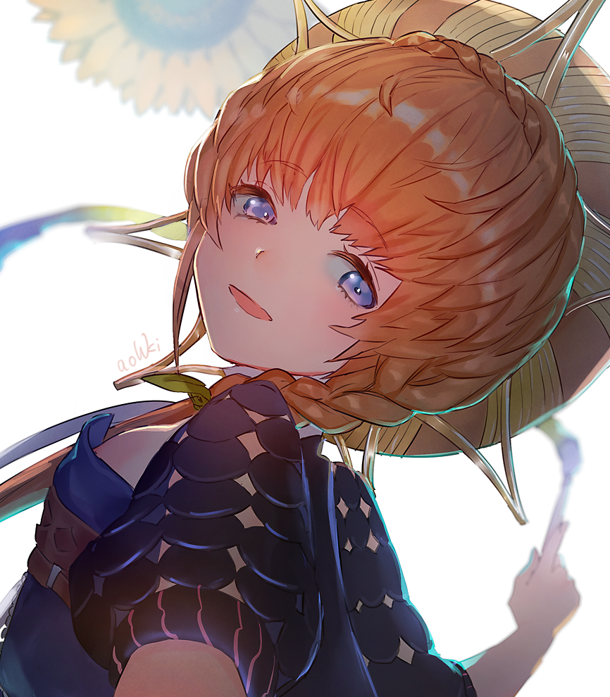 1girl art_brush artist_painter blue_eyes braid breasts close-up crown_braid fate/grand_order fate_(series) floral_background flower hat long_hair long_sleeves looking_at_viewer orange_hair paintbrush side_braid small_breasts smile solo sunflower van_gogh_(fate) van_gogh_(first_ascension)_(fate) waterstaring