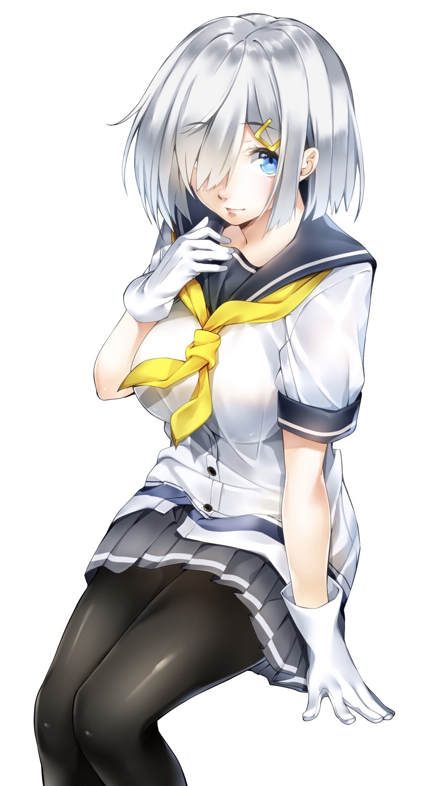1girl arm_support black_pantyhose black_sailor_collar blue_eyes breasts closed_mouth commentary feet_out_of_frame gloves grey_skirt hair_ornament hair_over_one_eye hairclip hamakaze_(kancolle) highres invisible_chair kantai_collection large_breasts looking_at_viewer nakano_maru neckerchief pantyhose pleated_skirt sailor_collar school_uniform serafuku shirt short_hair simple_background sitting skirt solo white_background white_gloves white_hair white_shirt yellow_neckerchief
