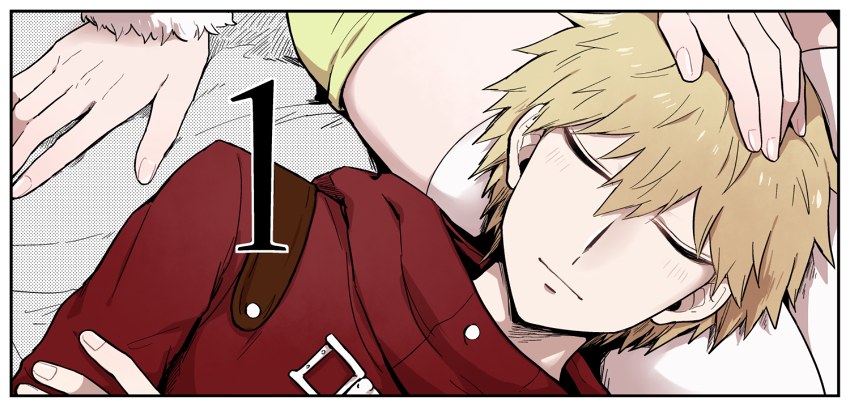 1boy 1girl ando_ruruka blonde_hair border closed_mouth danganronpa_(series) danganronpa_3_(anime) hand_on_another&#039;s_head izayoi_sounosuke jacket long_sleeves lying numbered on_back orange_shorts red_jacket shimada_(dmisx) short_hair shorts sleeping smile solo_focus thighhighs white_border white_thighhighs