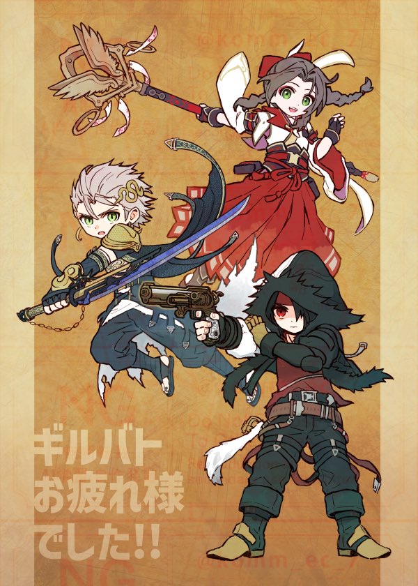 1girl 2boys aerith_gainsborough aerith_gainsborough_(kamura_dress) aiming armor armored_boots black_fur black_hair black_pants boots braid braided_ponytail brown_hair cape clawed_gauntlets cosplay detached_sleeves fighting_stance final_fantasy final_fantasy_vii final_fantasy_vii_ever_crisis fingerless_gloves full_body fur-trimmed_jacket fur_trim furrowed_brow gloves gold_armor green_eyes grey_hair gun hair_between_eyes hair_ornament hair_over_one_eye hair_ribbon hakama headband hinoa hinoa_(cosplay) holding holding_gun holding_staff holding_sword holding_weapon hood hood_up hooded_jacket jacket japanese_armor japanese_clothes komm_ec_7 long_hair monster_hunter_(series) monster_hunter_rise multicolored_jacket multiple_boys nontraditional_miko official_alternate_costume open_mouth orange_background pants parted_bangs pauldrons red_eyes red_hakama red_headband red_ribbon ribbon sephiroth_(cape_of_the_worthy) shirt short_hair shoulder_armor sidelocks single_braid slit_pupils snake_hair_ornament staff standing sword torn_cape torn_clothes two-tone_jacket vincent_valentine vincent_valentine_(stray_dog) waist_cape weapon white_shirt