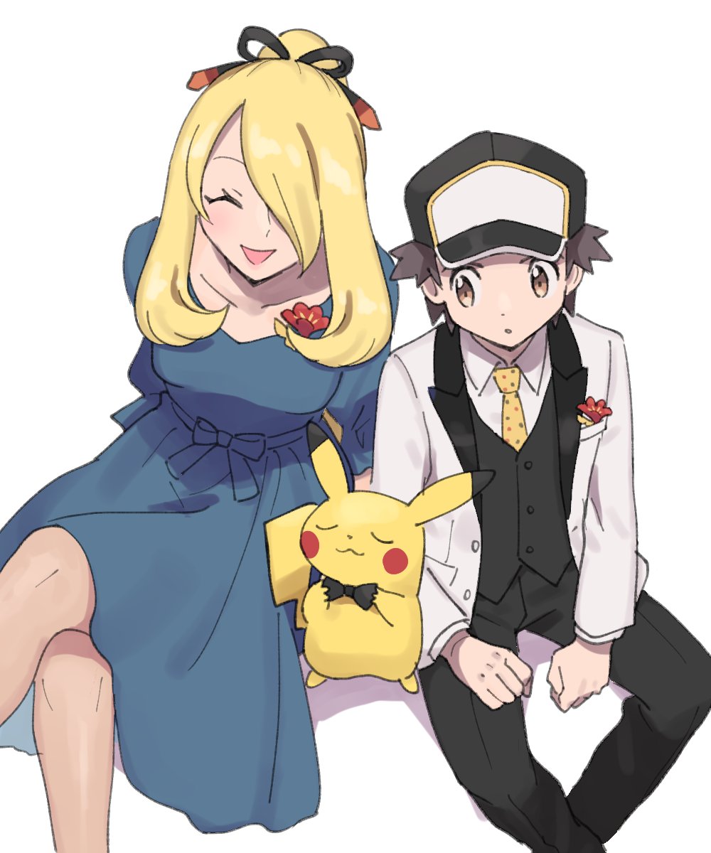 1boy 1girl adapted_costume blonde_hair blue_dress bow bowtie brown_eyes closed_eyes collarbone collared_shirt cynthia_(pokemon) cynthia_(sygna_suit)_(aura)_(pokemon) dress gen_1_pokemon hair_over_one_eye highres necktie nintendo open_mouth pikachu pokemon pokemon_(creature) pokemon_masters_ex ponytail pumpkinpan red_(pokemon) red_(sygna_suit)_(thunderbolt)_(pokemon) shirt simple_background sitting smile tail white_background