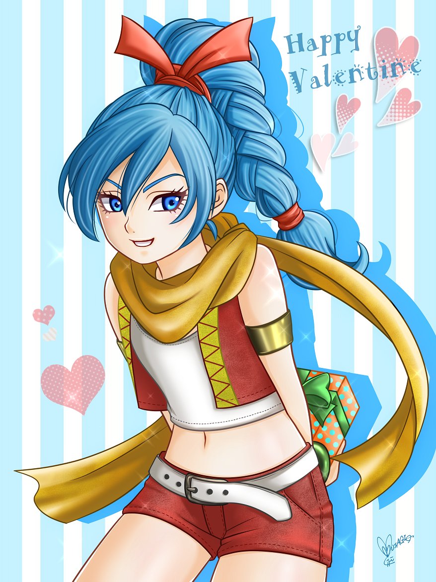 1girl belt blue_eyes blue_hair bracelet braid braided_ponytail dragon_quest dragon_quest_xi hair_ribbon happy_valentine high_braid jewelry long_hair maya_(dq11) momo_usagi navel red_shorts red_vest ribbon scarf shorts single_braid smile solo valentine vest