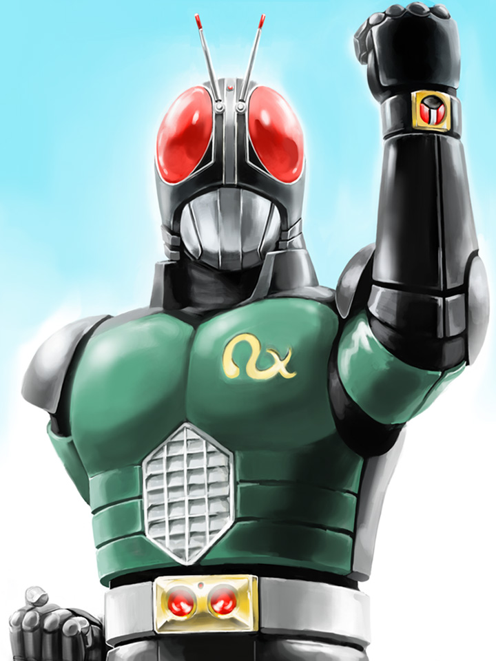 1boy antennae arm_up belt kamen_rider kamen_rider_black_rx kamen_rider_black_rx_(series) male_focus masked_rider matchin red_eyes revision solo