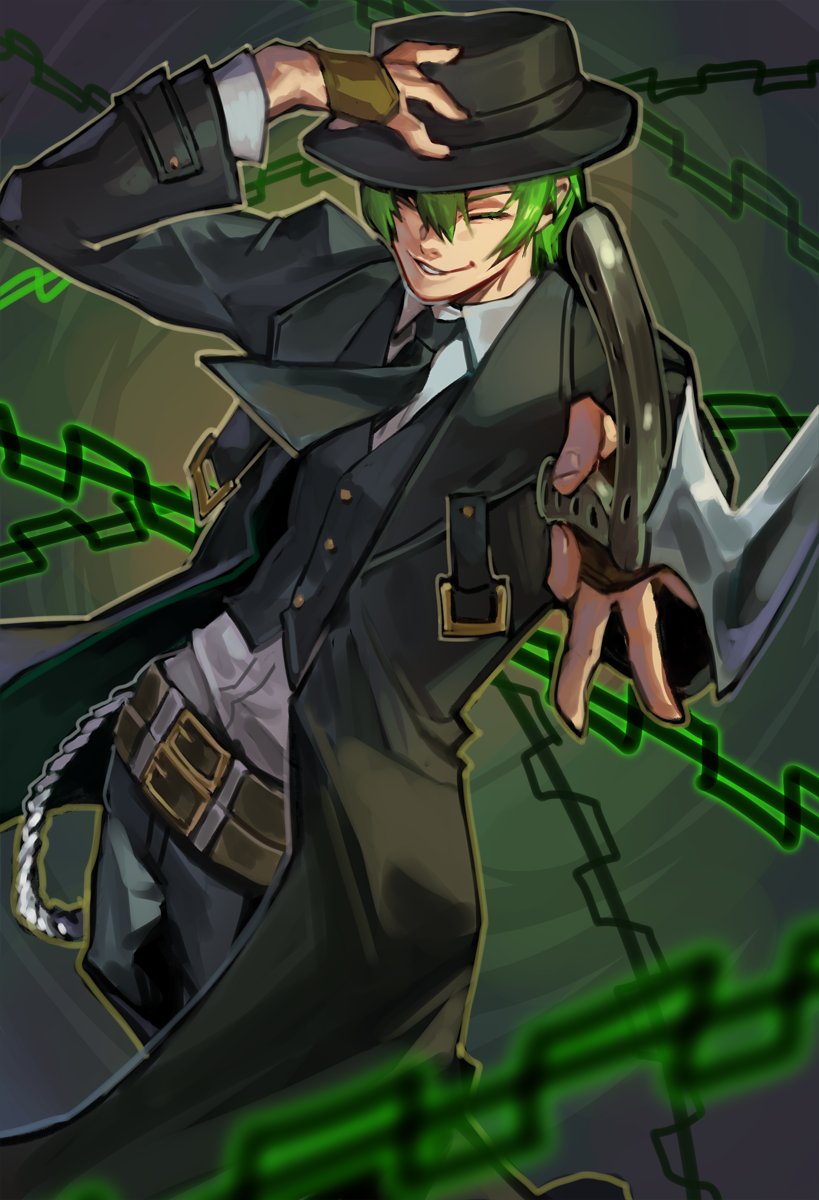 1boy arc_system_works balisong belt belt_buckle black_hat black_necktie blazblue brown_gloves buckle fingerless_gloves fingernails formal_clothes gloves green_hair half_gloves hand_on_headwear hat hazama highres holding holding_knife knife male_focus necktie parted_lips smile solo suit uncle_rabbit_ii