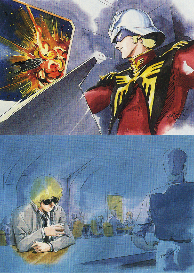 1980s_(style) bar_(place) battle char_aznable cockpit drinking dual_persona explosion eye_mask formal_clothes gundam helmet kitazume_hiroyuki mecha mobile_suit_gundam necktie oldschool painting_(medium) pilot_chair retro_artstyle robot salamis_class scan sitting space sunglasses traditional_media zaku_ii_s_char_custom