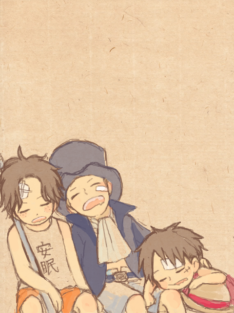 3boys ascot bandaid bandaid_on_face black_hair blue_coat blue_hat brothers coat freckles hat kawaji_(tegaki.pipa) male_focus missing_tooth monkey_d._luffy multiple_boys one_piece orange_shorts portgas_d._ace sabo_(one_piece) scar scar_on_face short_hair shorts siblings sleeping straw_hat tank_top white_ascot