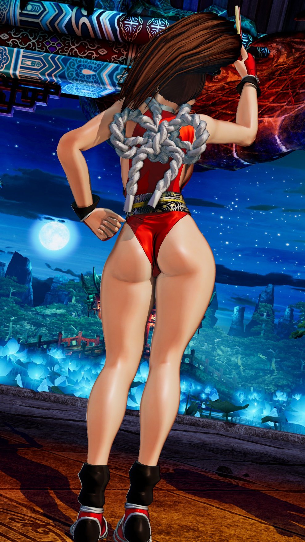 1girl 3d ass ass_focus backboob bare_legs breasts butt_crack full_body high_ponytail highleg highleg_leotard highres large_breasts leotard long_hair ponytail red_leotard ryona screencap shiny_skin shiranui_mai skindentation snk the_king_of_fighters the_king_of_fighters_xv third-party_edit very_long_hair