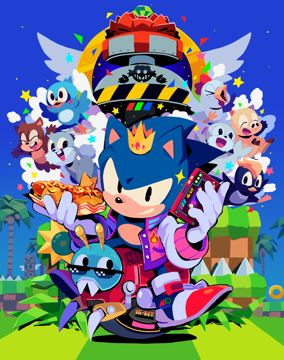 1boy aimf alternate_costume animal animal_ears animal_nose bird black_eyes cassette_tape chaos_emerald character_request chicken chili_dog commentary crown cucky_(sonic) day flicky_(character) flower food furry furry_male gloves green_hill_zone highres holding holding_food jacket looking_at_viewer male_focus moto_bug open_clothes open_jacket outdoors pecky_(sonic) penguin picky_(sonic) pig pink_jacket pocky_(sonic) rabbit red_footwear ring_(sonic) robot rocky_(sonic) seal_(animal) shoes sitting smile sonic_(series) sonic_the_hedgehog sonic_the_hedgehog_(classic) spikes star_(symbol) sunflower white_gloves