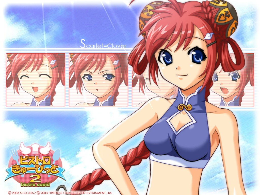 00s 1girl 2003 bikini bistro_cupid bistro_cupid_(series) bistro_cupid_2 blue_bikini blue_eyes bun_cover character_name closed_eyes copyright_name double_bun female_focus hair_bun hair_rings logo official_art official_wallpaper pandaki_(aki) red_hair scarlet_clover short_hair smile solo swimsuit